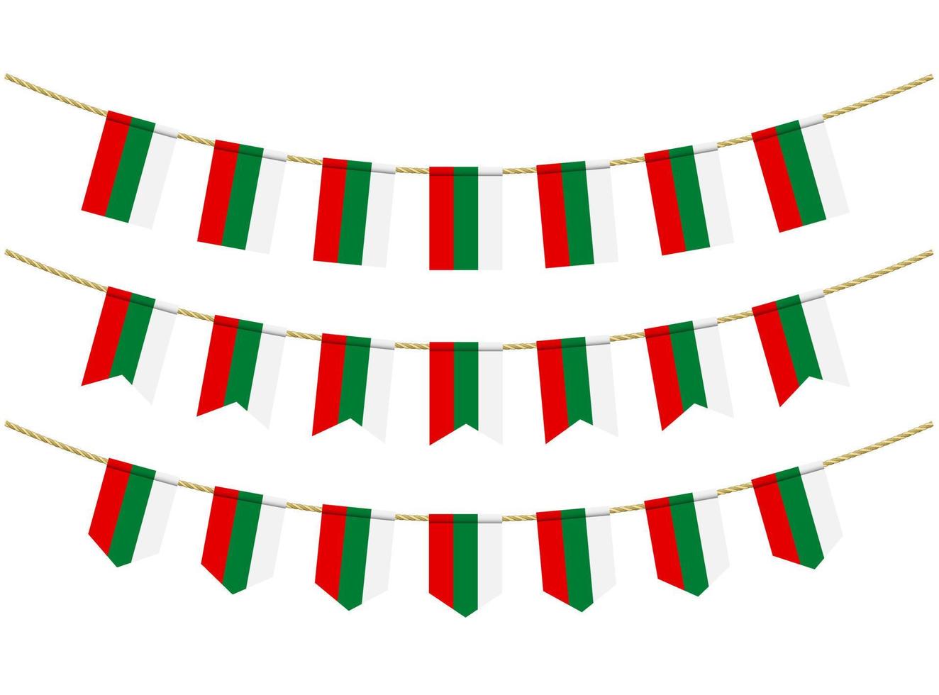 bandera de bulgaria en las cuerdas sobre fondo blanco. conjunto de banderas patrióticas del empavesado. decoración del empavesado de la bandera de bulgaria vector