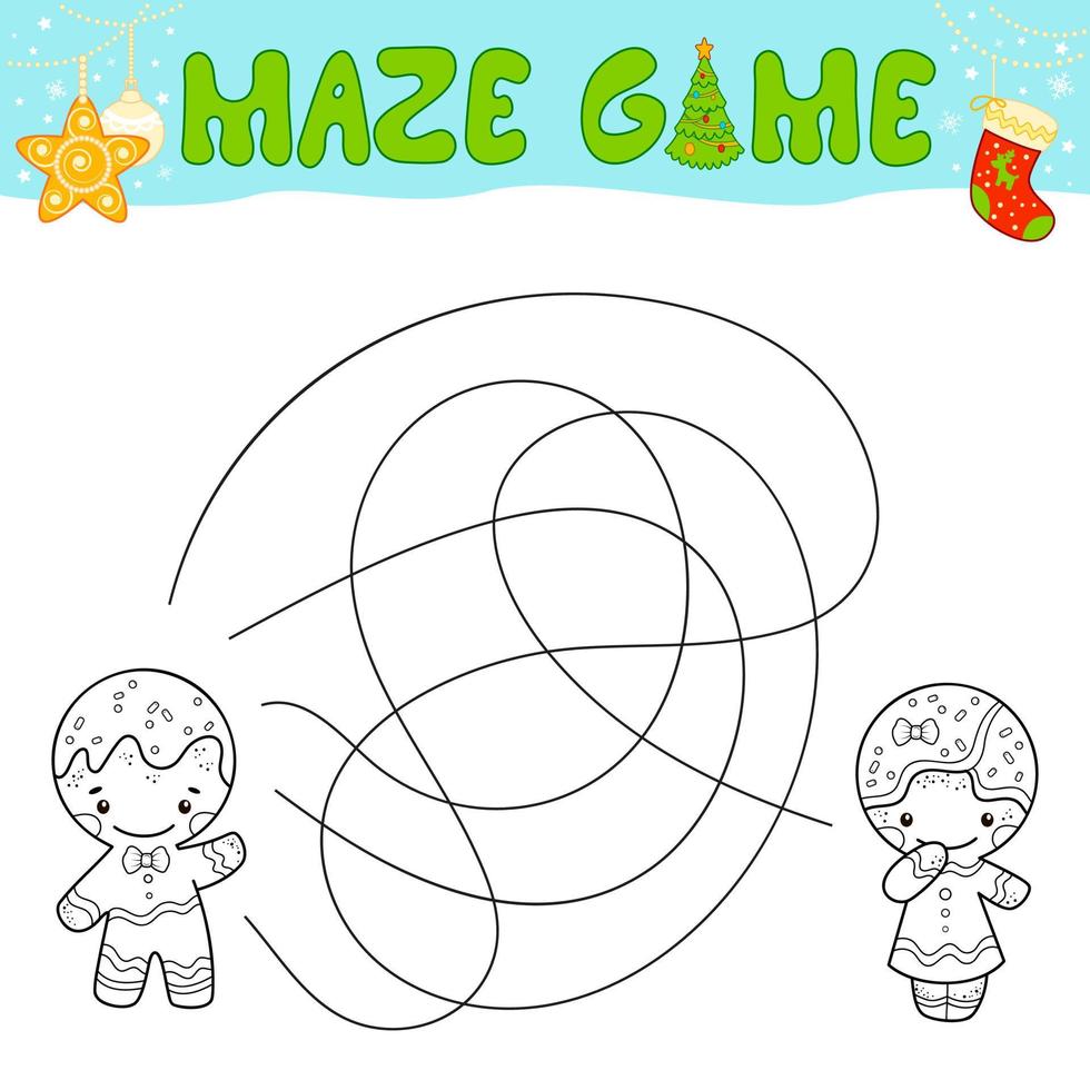 Christmas Maze puzzle game for children. Outline maze or labyrinth. Find path game with Christmas Gingerbread man. vector