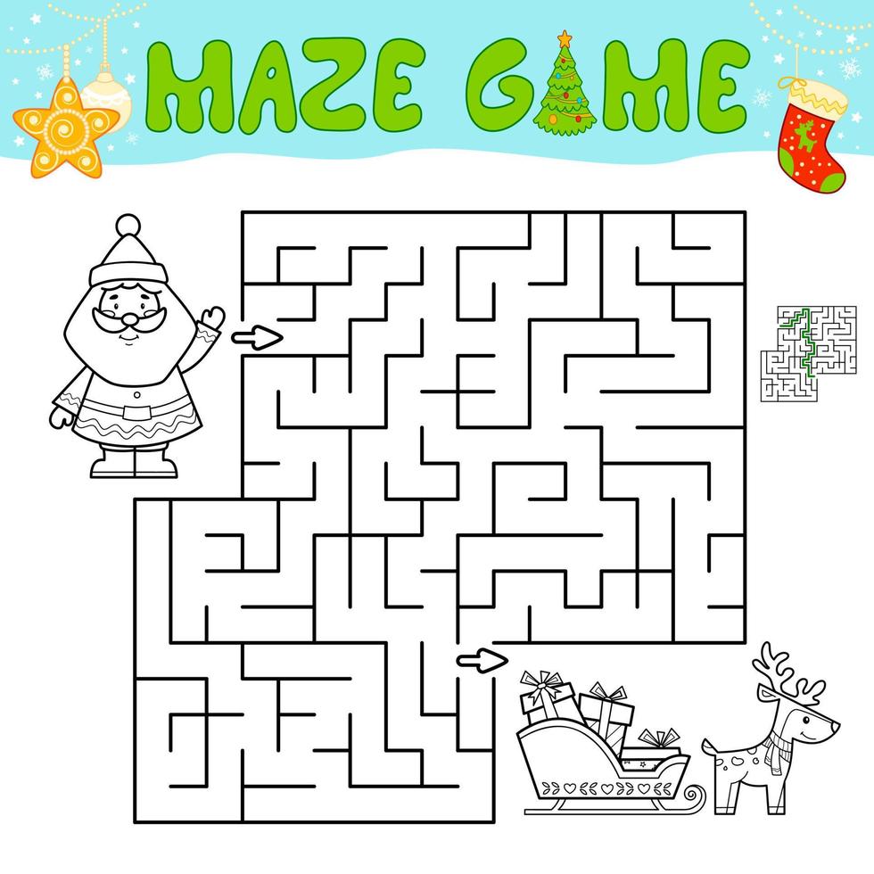 Christmas Maze puzzle game for children. Outline maze or labyrinth game with christmas Santa claus. vector