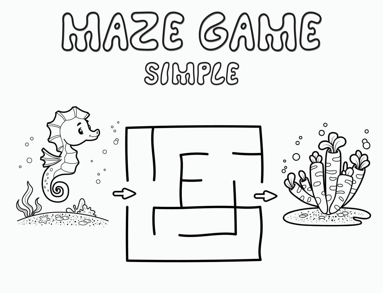 Simple Maze puzzle game for children. Outline simple maze or labyrinth game with Sea Horse. vector
