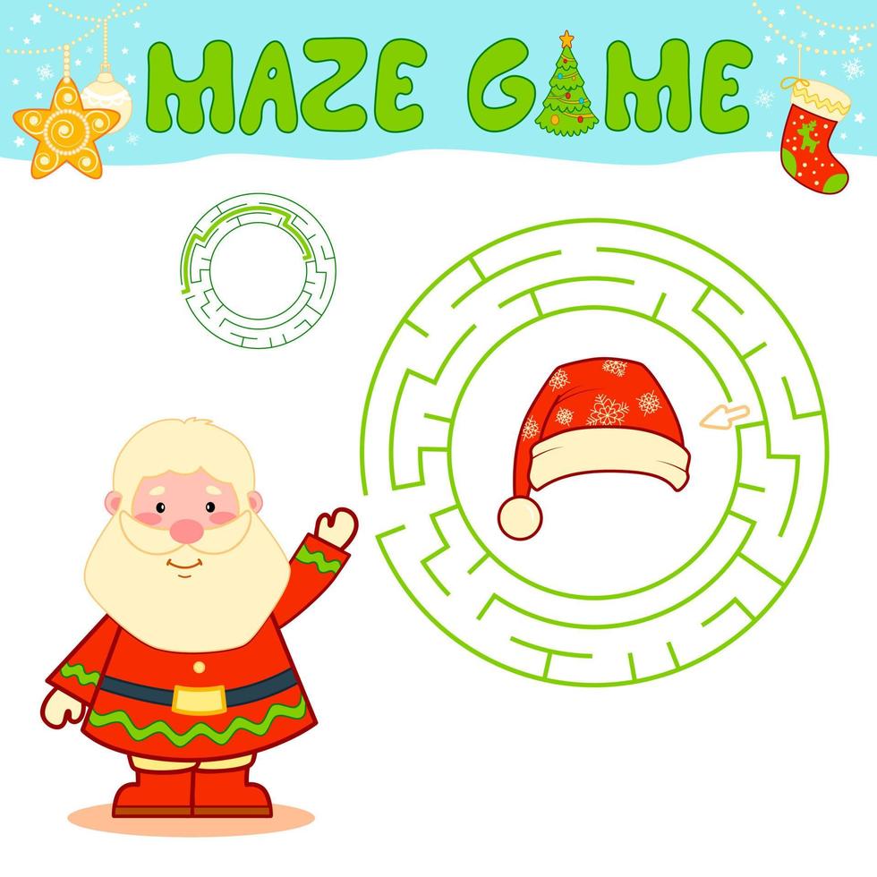Christmas maze puzzle game for children. Circle maze or labyrinth game with Santa claus. vector