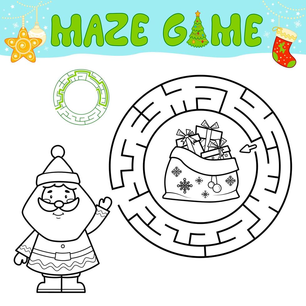 Christmas black and white maze puzzle game for children. Outline circle maze or labyrinth game with Santa claus. vector