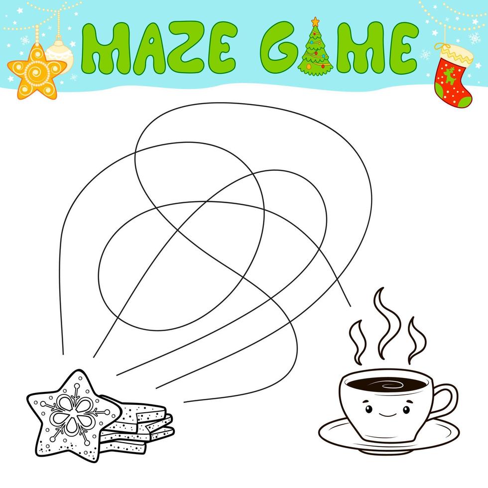 Christmas Maze puzzle game for children. Outline maze or labyrinth. Find path game with christmas cookie. vector