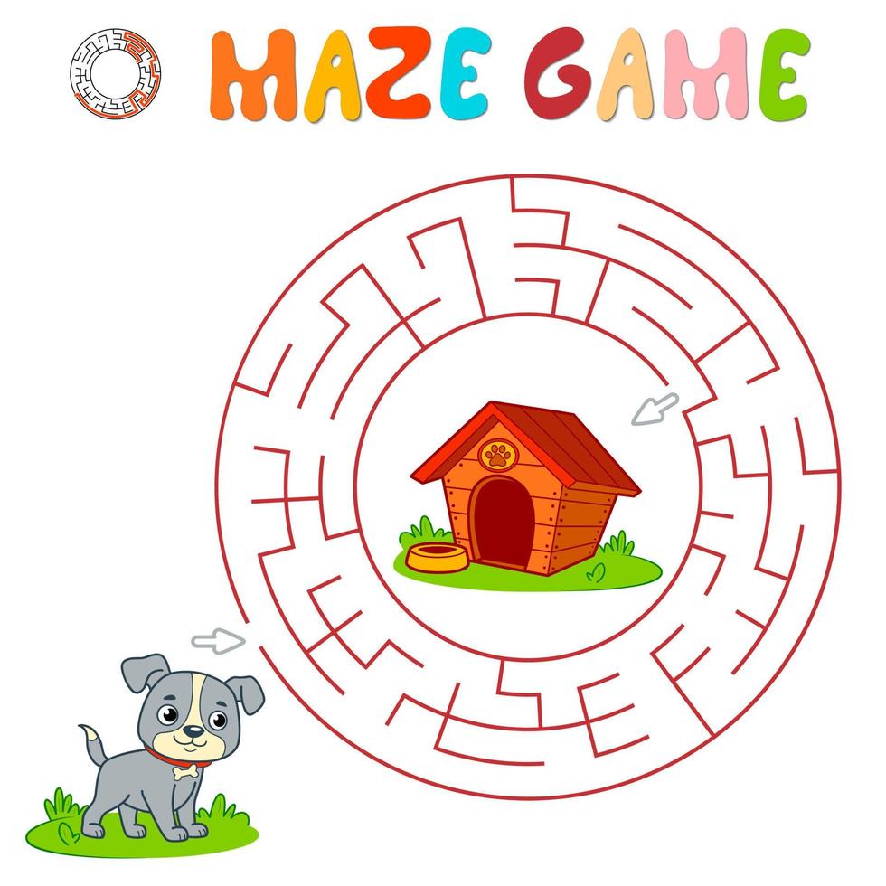 Maze puzzle game for children. Circle maze or labyrinth game with dog. vector