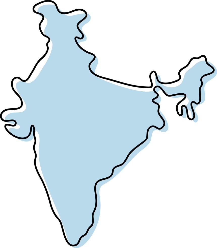 Stylized simple outline map of India icon. Blue sketch map of India vector illustration