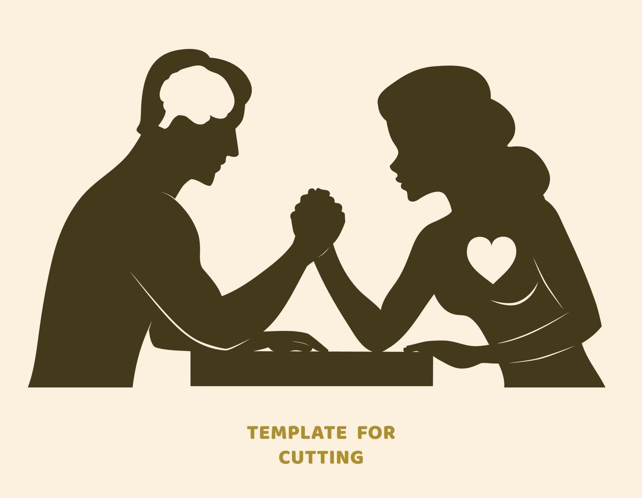 Template for laser cutting, wood carving, paper cut. Silhouettes for cutting. Arm wrestling challenge between a young couple vector stencil.