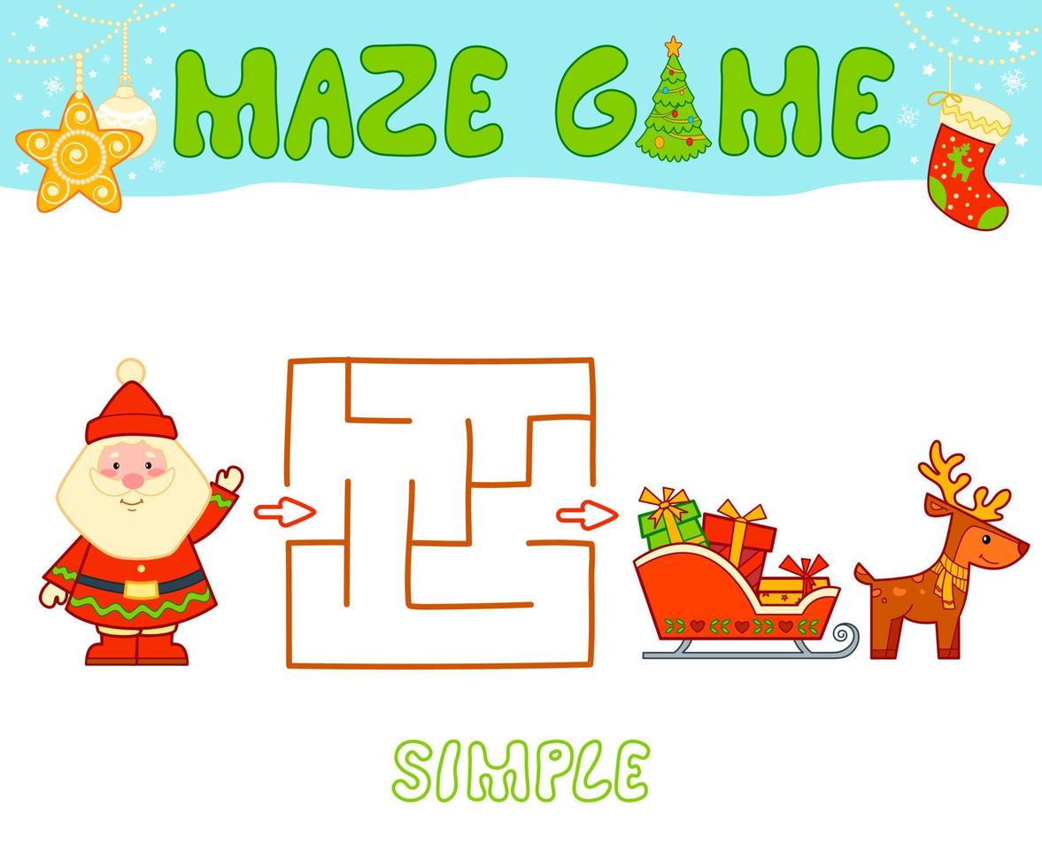 Christmas Maze puzzle game for children. Simple Maze or labyrinth game with Christmas Santa claus. vector