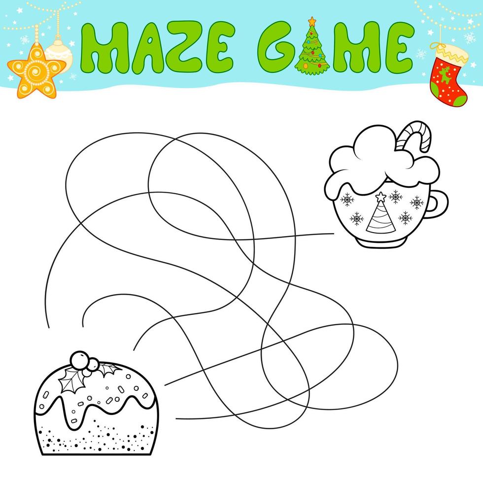 Christmas Maze puzzle game for children. Outline maze or labyrinth. Find path game with christmas cake. vector