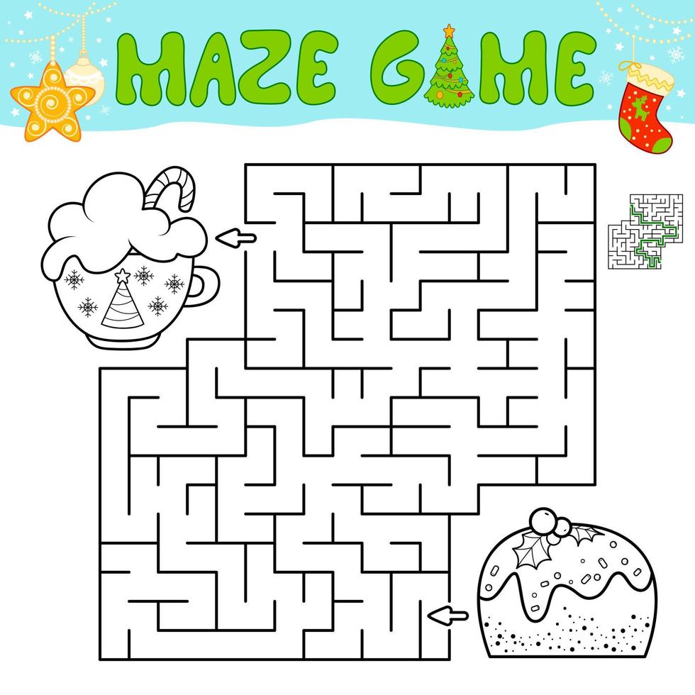 Christmas Maze puzzle game for children. Outline maze or labyrinth game with christmas cake. vector