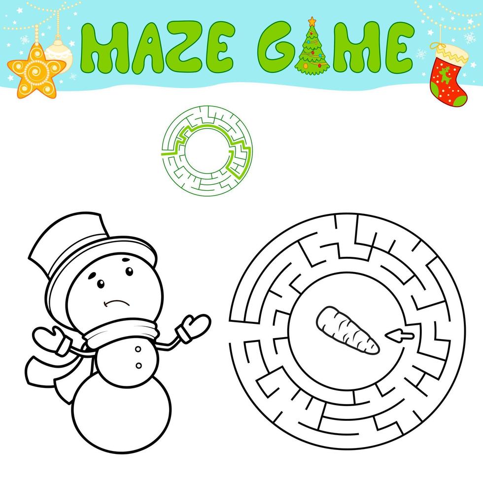 Christmas black and white maze puzzle game for children. Outline circle maze or labyrinth game with Christmas Snowman. vector