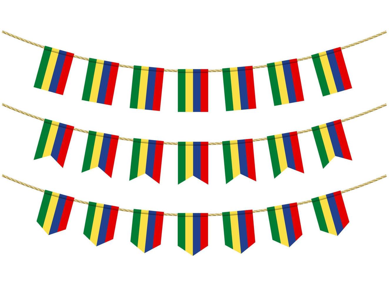 Mauritius flag on the ropes on white background. Set of Patriotic bunting flags. Bunting decoration of Mauritius flag vector