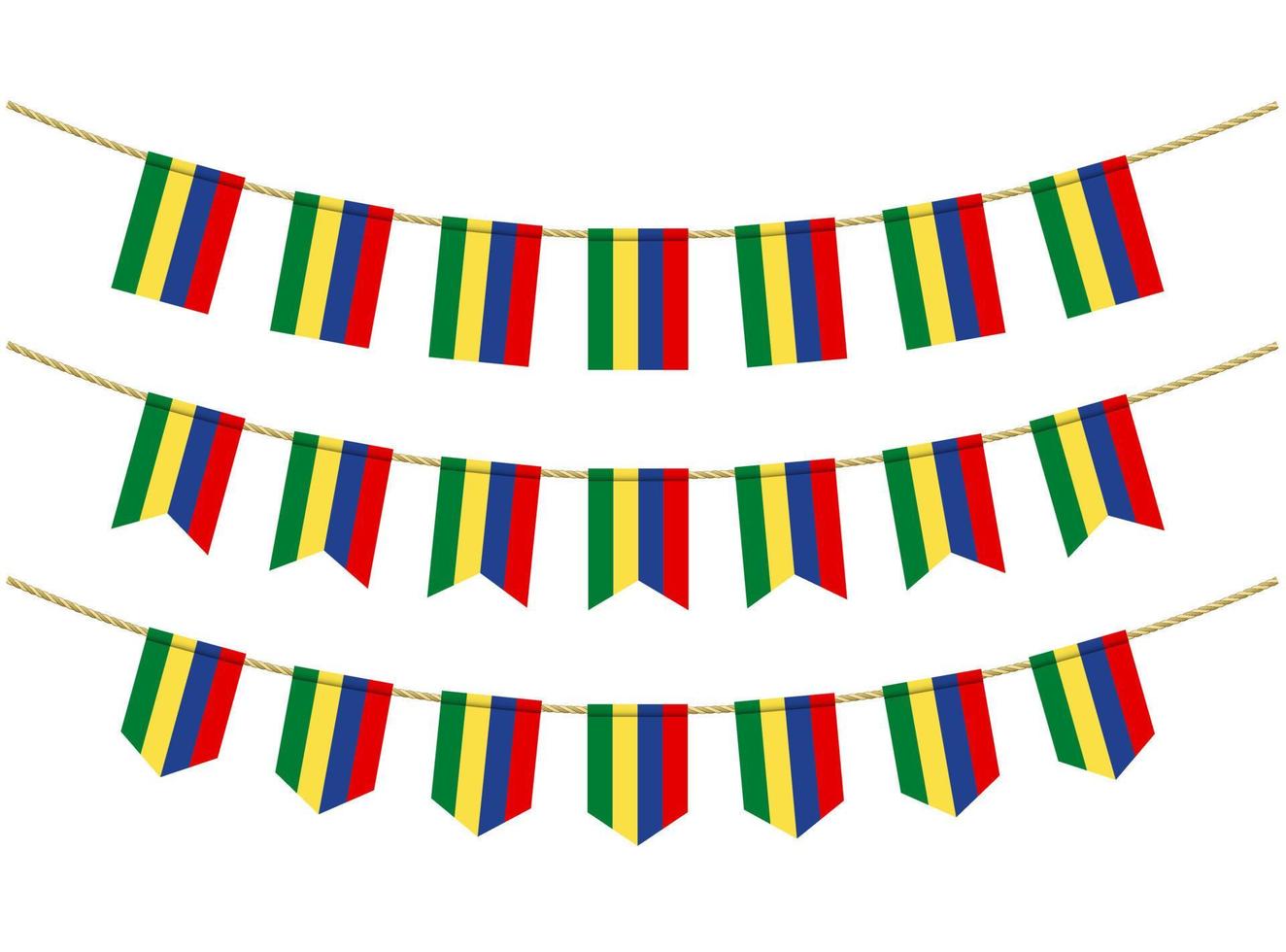 Mauritius flag on the ropes on white background. Set of Patriotic bunting flags. Bunting decoration of Mauritius flag vector