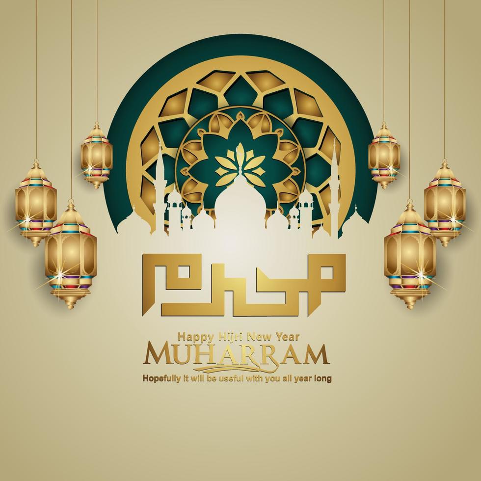 Muharram calligraphy Islamic and happy new hijri year greeting card template vector