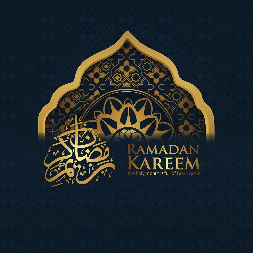 diseño de saludo islámico de fondo ramadán con puerta de mezquita con adorno floral y caligrafía árabe. ilustración vectorial vector