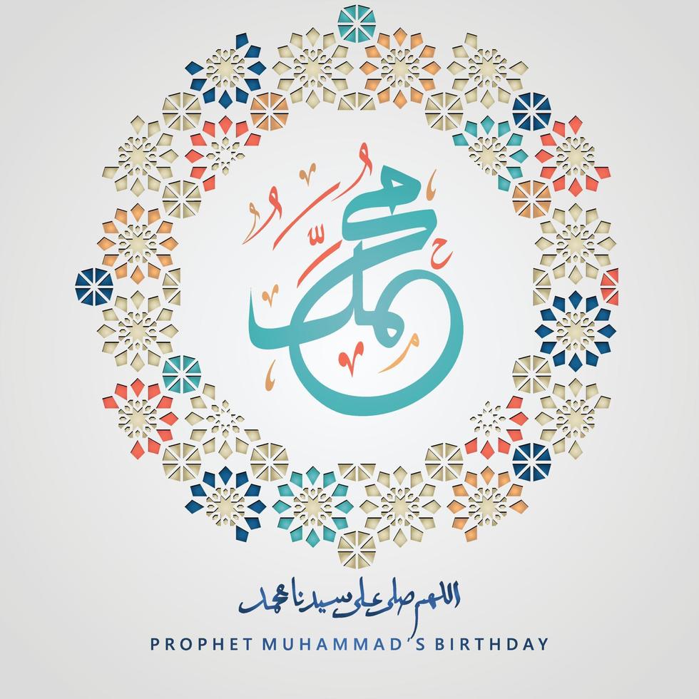 Prophet Muhammad peace be upon him in arabic calligraphy for mawlid islamic greeting with textured Islamic ornamental detail of mosaic. Vector illustration.