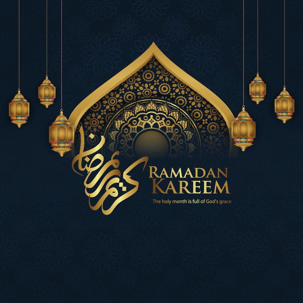 Ramadan background islamic greeting design with mosque door with floral ornament and arabic calligraphy. vector illustration