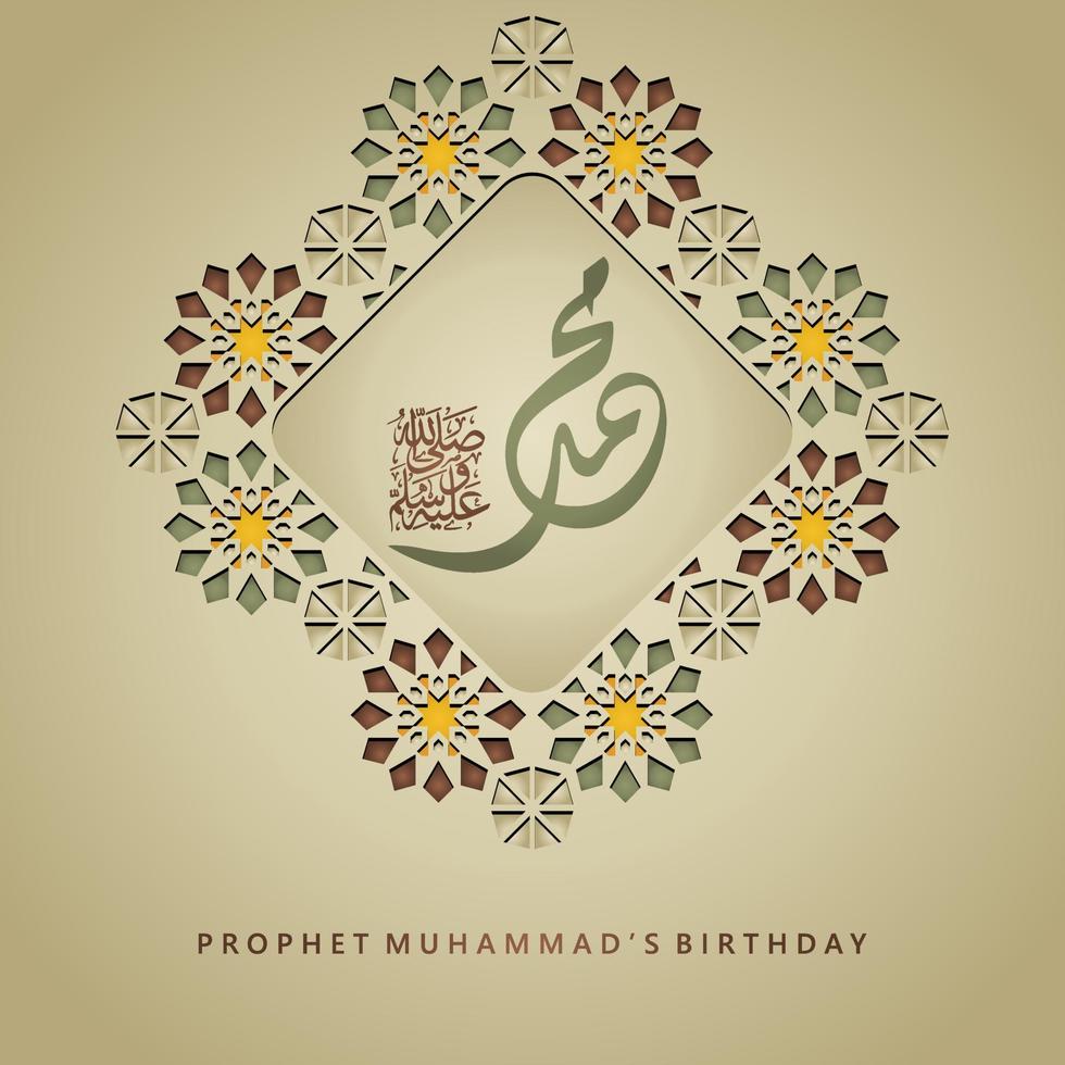 Prophet Muhammad peace be upon him in arabic calligraphy for mawlid islamic greeting with textured Islamic ornamental detail of mosaic. Vector illustration.