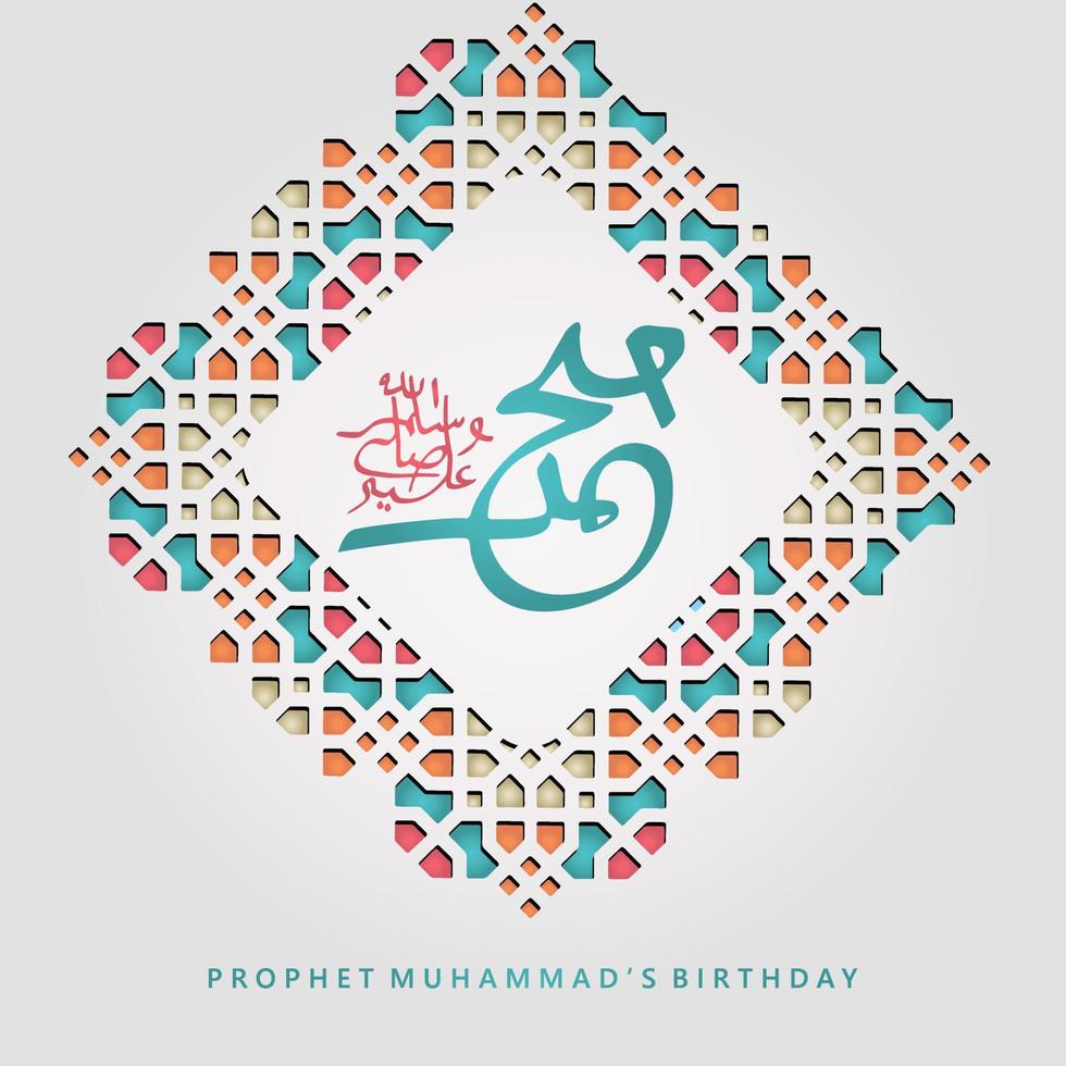 Prophet Muhammad peace be upon him in arabic calligraphy for mawlid islamic greeting with textured Islamic ornamental detail of mosaic. Vector illustration.