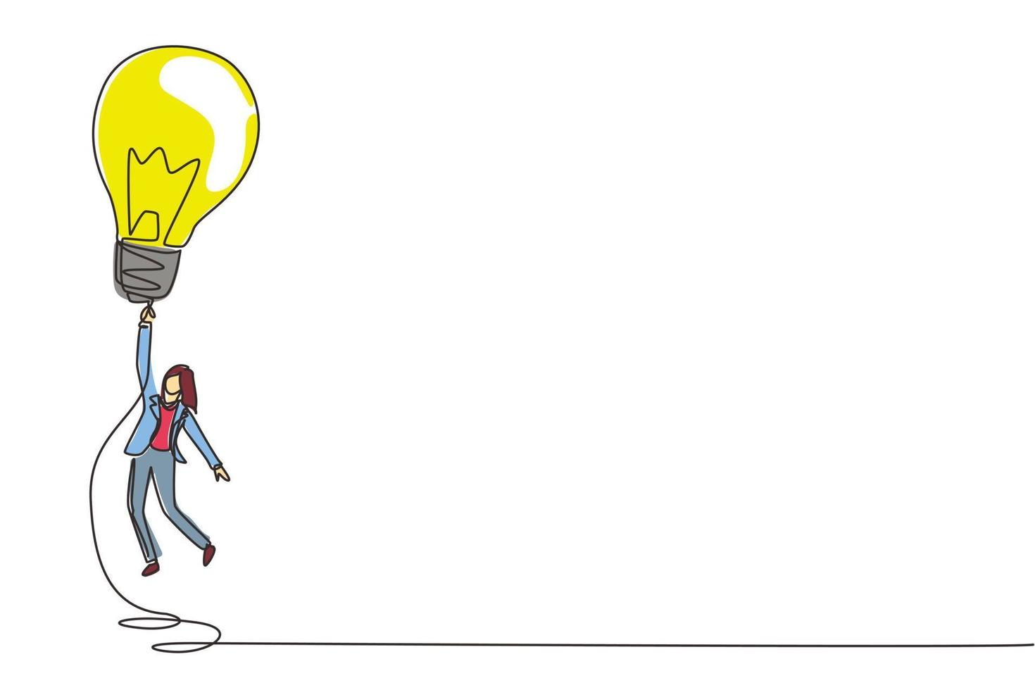 Continuous one line drawing businesswoman flying holding idea bulbs in sky. Office worker in suit. Big idea to solve business problem. Achievement concept. Single line draw design vector illustration