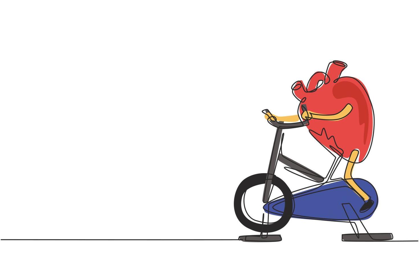 dibujo continuo de una línea divertido órgano del corazón haciendo ejercicio en bicicleta estacionaria. entrenamiento de órganos cardíacos, deporte, fitness, ciclista cardiovascular, concepto de carácter de resistencia. ilustración de vector de diseño de dibujo de una sola línea