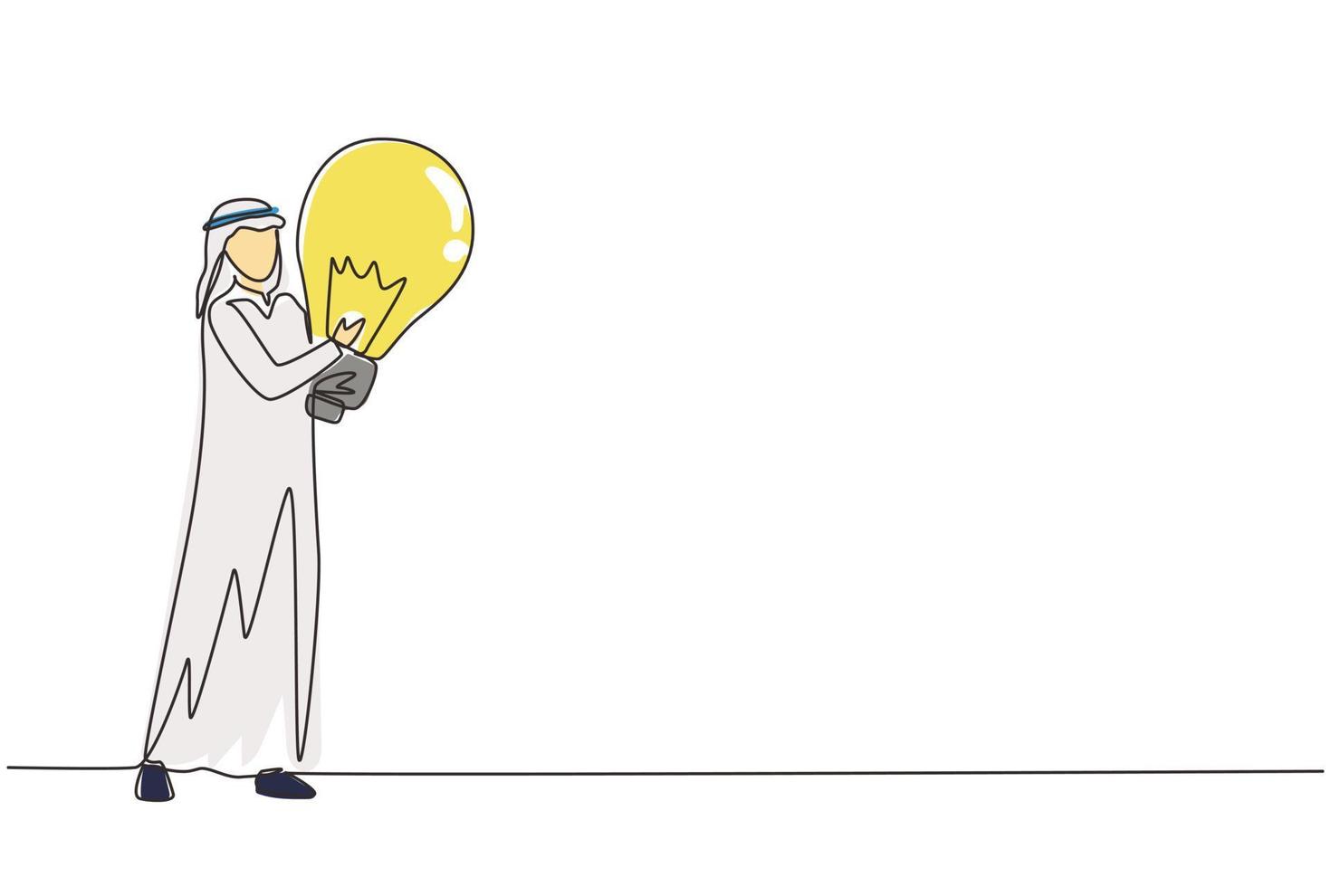 Single continuous line drawing Arabian businessman holds big light bulb as symbol of new idea. Arab man stands with idea in his hands. Business idea concept, inspiration. One line draw design vector