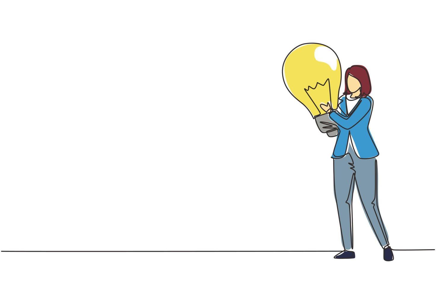 Continuous one line drawing smiling businesswoman holds big lightbulb as symbol of new idea. Happy woman in blazer stands with idea in her hands. Business concept idea. Single line draw design vector