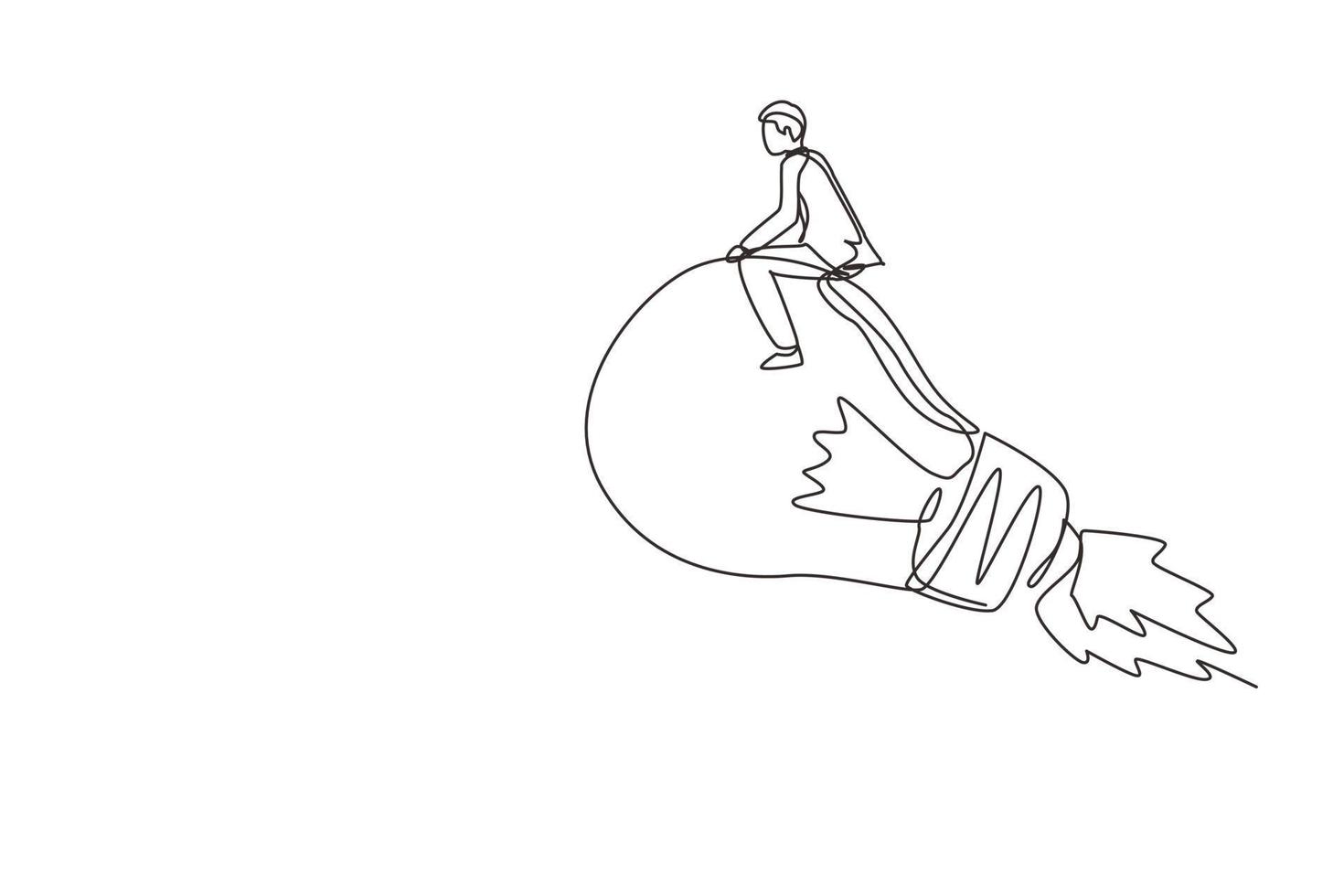 Single one line drawing businessman riding idea light bulb flying through sky. Creative new idea, innovation start up business to achieve success goal. Continuous line draw design vector illustration