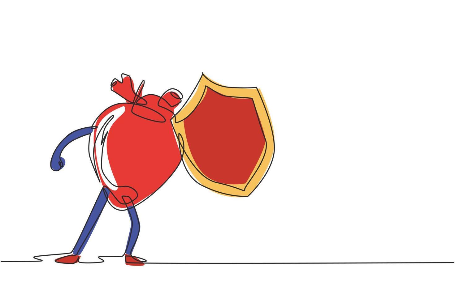 Single one line drawing human heart organ mascot holding shield for protection. Health of cardiovascular system. Power and strength of heart organ. Continuous line draw design vector illustration