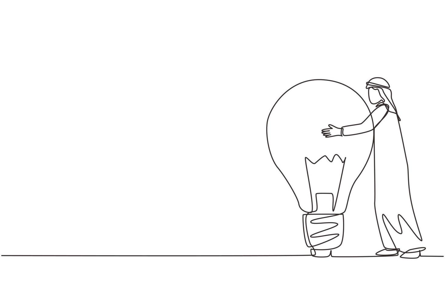 Single one line drawing happy Arab businessman hugs big lightbulb. Male with light idea bulb. Business success, creative, inspiration, business startup. Continuous line draw design vector illustration