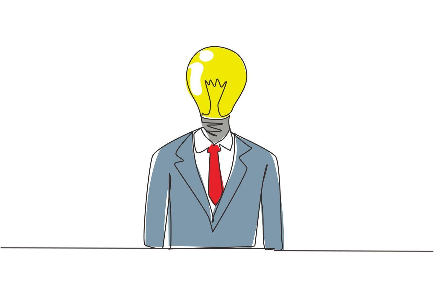 Single one line drawing businessman with light bulb instead of head. Business idea. Huge glowing light bulb instead of head thinking, brainstorming. Continuous line draw design vector illustration