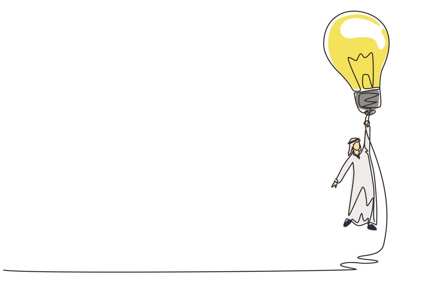 Single one line drawing Arab businessman flying holding idea bulbs. Big idea to solve business problem, invention, innovation to drive business growth. Continuous line draw design vector illustration