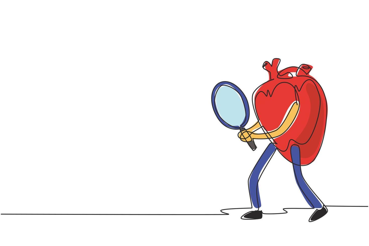 Single continuous line drawing heart organ mascot holding magnifying glass in search of something. Health of cardiovascular system. Power and strength of heart organ. One line draw design vector