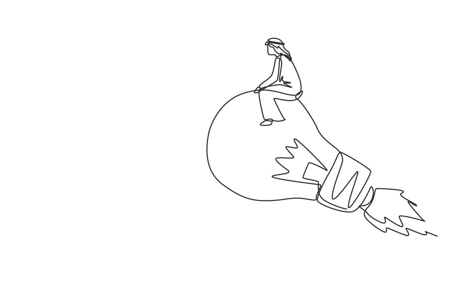 Continuous one line drawing Arabian businessman riding idea light bulb flying through sky. New idea, innovation start up business to achieve success goal. Single line draw design vector illustration