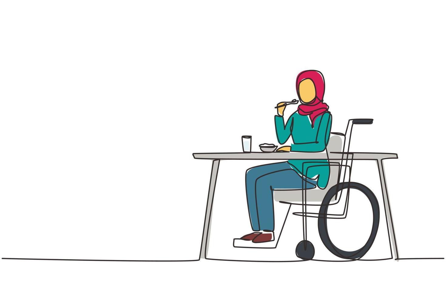 Single continuous line drawing Arabian female young wheelchair user eating food sitting at the table. Having lunch, snack in cafe. Society and disabled people. One line draw design vector illustration