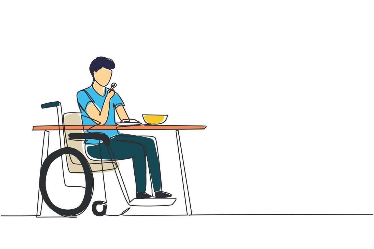 Single one line drawing male young wheelchair user eating food sitting at the table. Having lunch, snack in cafe. Society and disabled people. Continuous line draw design graphic vector illustration