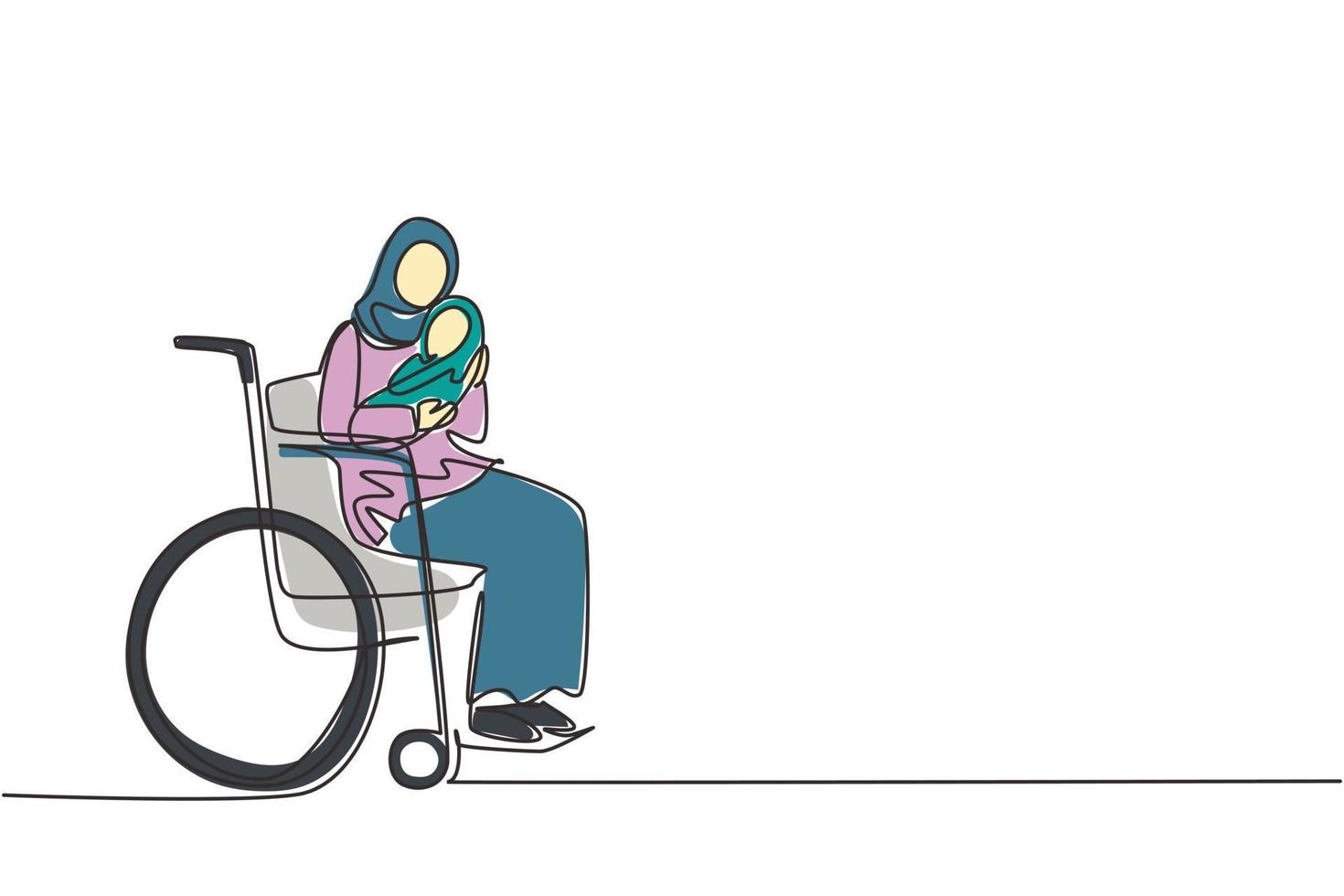 padres de dibujo de una línea continua con bebé recién nacido. mujer árabe sostiene al bebé, sentada en silla de ruedas. mujer discapacitada con bebé en brazos. concepto de amor familiar. gráfico vectorial de diseño de dibujo de una sola línea vector
