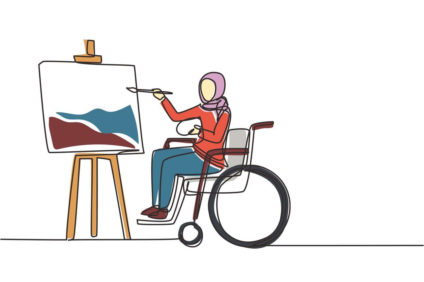 dibujo de una sola línea mujer árabe discapacitada en silla de ruedas pintando paisaje sobre lienzo. concepto de fisioterapia de rehabilitación. discapacidad física. ilustración de vector de diseño de dibujo de línea continua