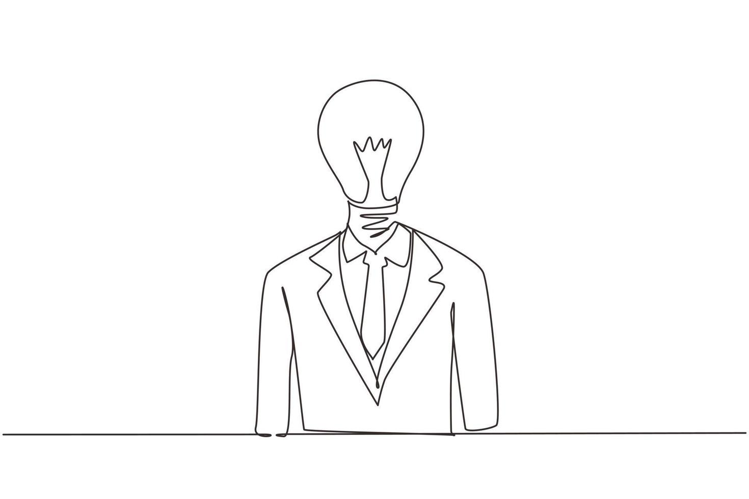 Single one line drawing businessman with light bulb instead of head. Business idea. Huge glowing light bulb instead of head thinking, brainstorming. Continuous line draw design vector illustration