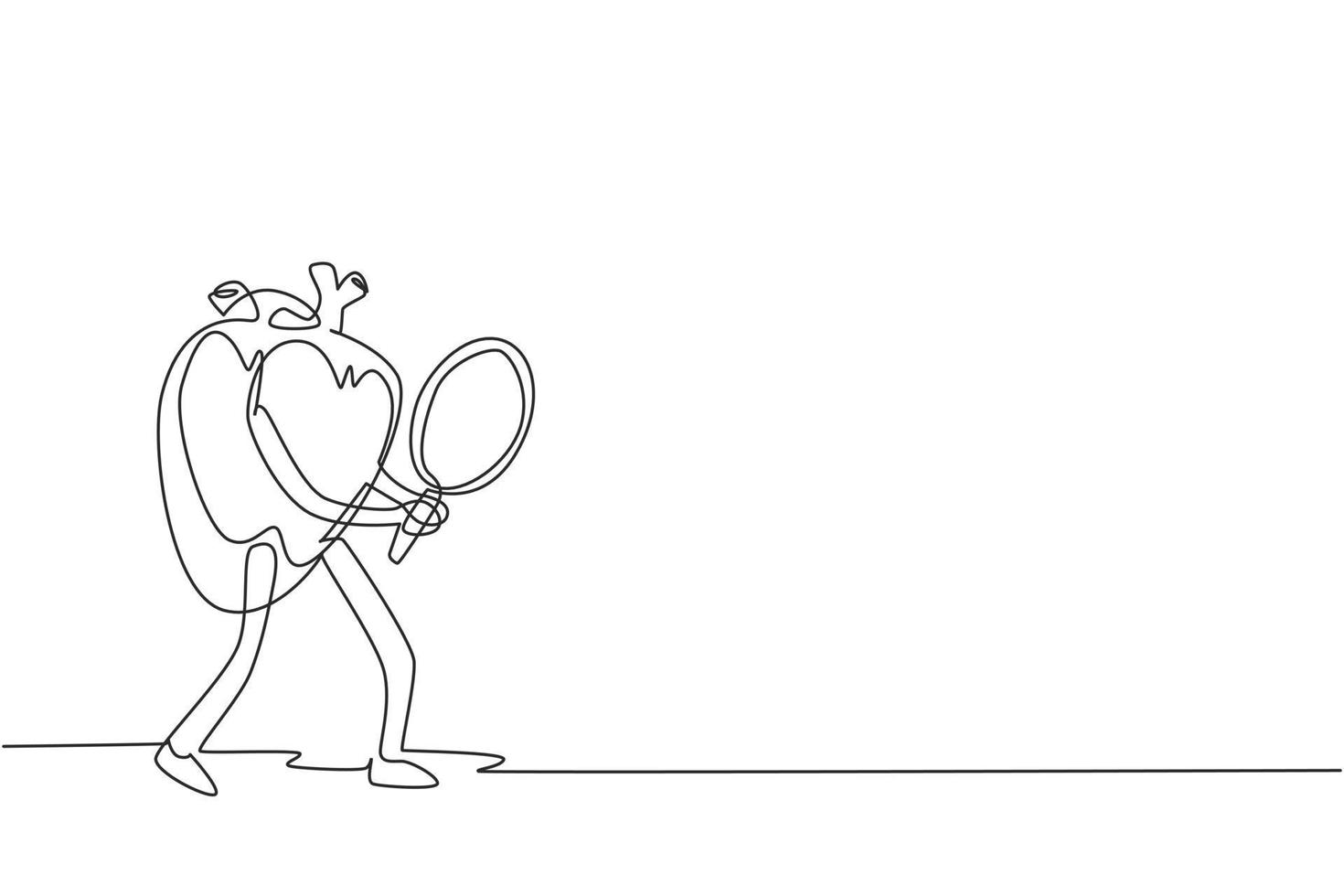 Single continuous line drawing heart organ mascot holding magnifying glass in search of something. Health of cardiovascular system. Power and strength of heart organ. One line draw design vector
