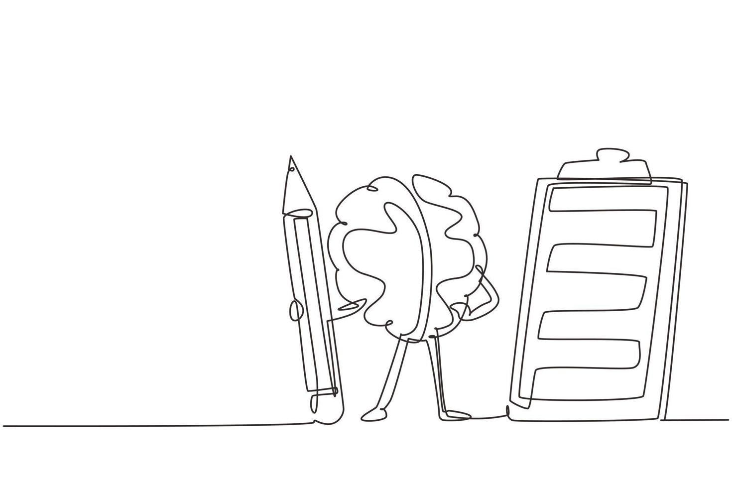 Continuous one line drawing brainy student human brain cartoon character with pencil, clipboard, checklist. Business success completed plan concept. Single line draw design vector graphic illustration