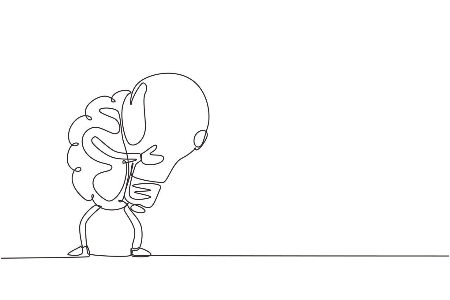 Single one line drawing brain holds the light bulb. Symbol of new idea that came to mind. Brain character inspired by the idea soars up. Modern continuous line draw design graphic vector illustration