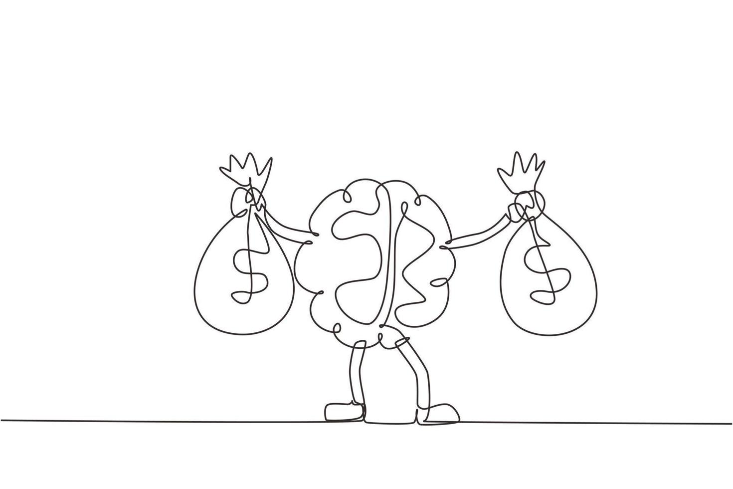 Single continuous line drawing brain holding money bag with two hands. Cute brain mascot character illustration holding bag full of money. Dynamic one line draw graphic design vector illustration