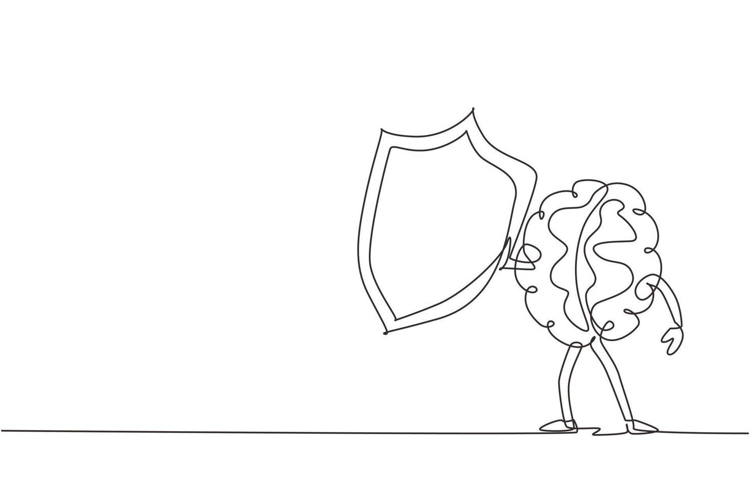 Single continuous line drawing brain mascot or character holding shield for protection. Protecting patient from mental illness germs, microbes fear or phobia. One line draw design vector illustration