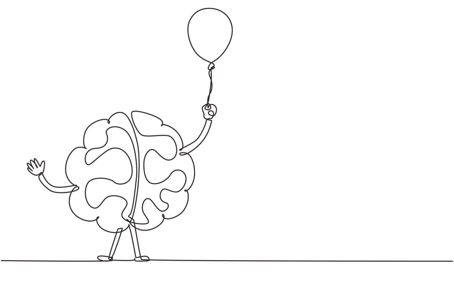 Continuous one line drawing funny brain holding balloon. Celebration party cartoon brain concept. Doodle style. Flat style design of character brain. Single line draw design vector illustration