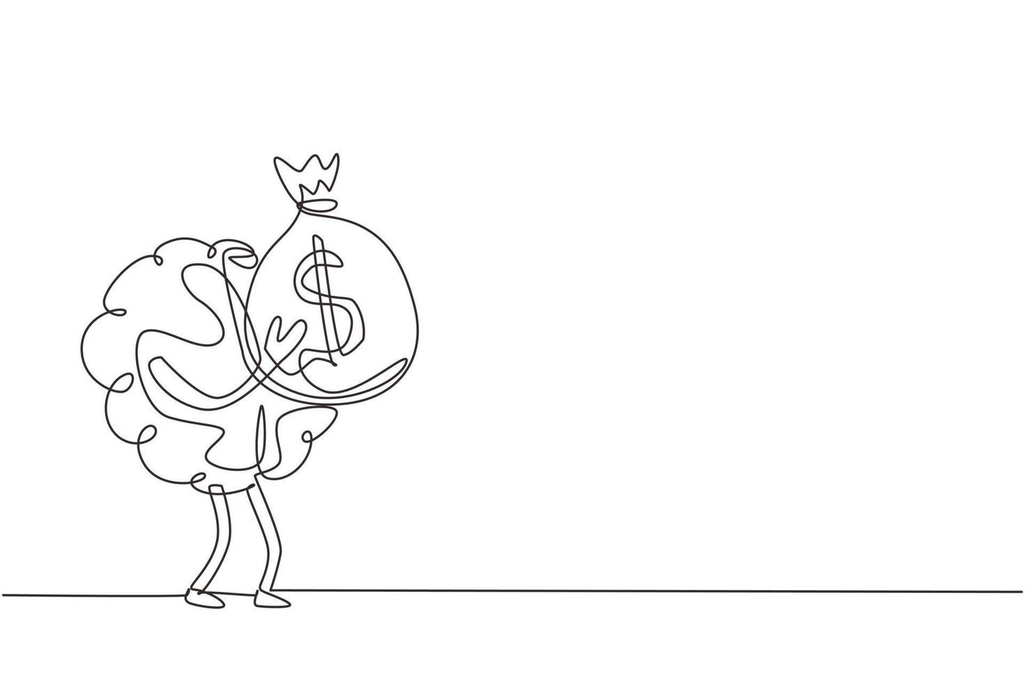 Single continuous line drawing rich human brain cartoon design holds money bags. Cute brain mascot illustration holding bag full of money. Dynamic one line draw graphic design vector illustration