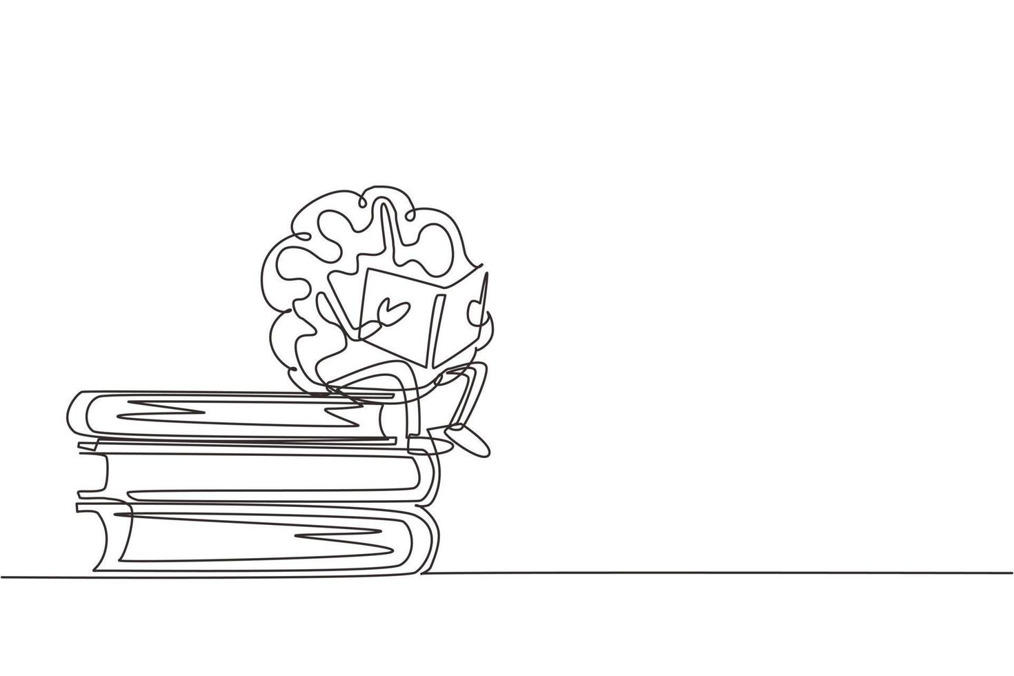 Continuous one line drawing cartoon brain reading book. Funny brain character sitting on stack of books. Learn and study print. Education school poster. Single line draw design vector illustration
