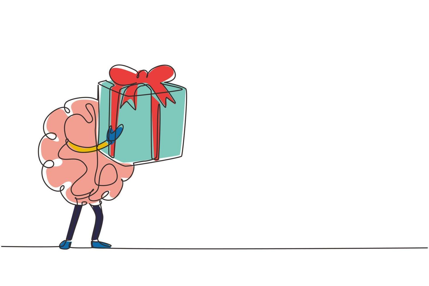 Single one line drawing human brain cartoon design concept holding big gift box with ribbon. Cheerful brain cartoon concept having a box. Modern continuous line draw design graphic vector illustration