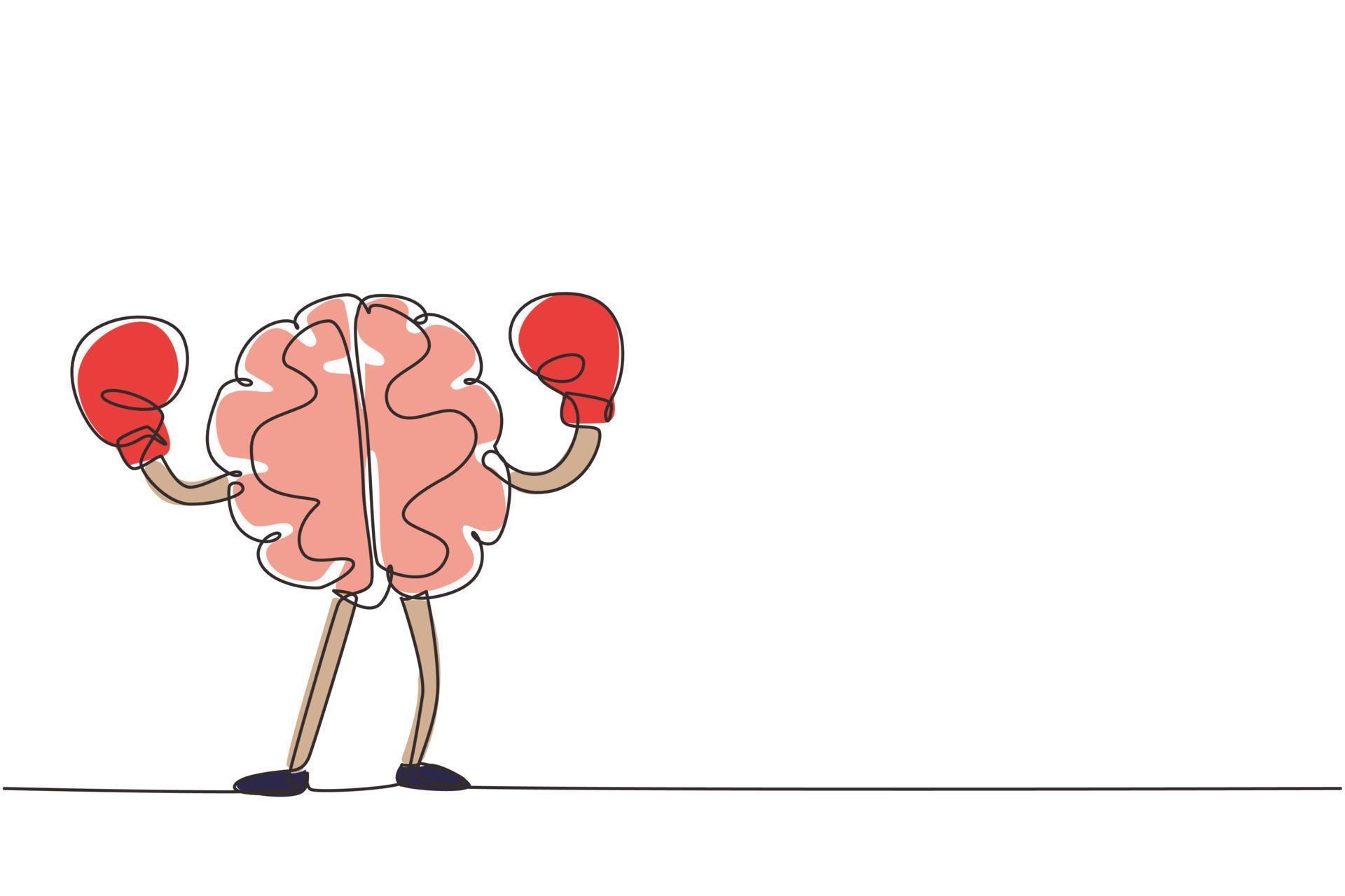 Continuous one line drawing brain with boxing gloves celebrating