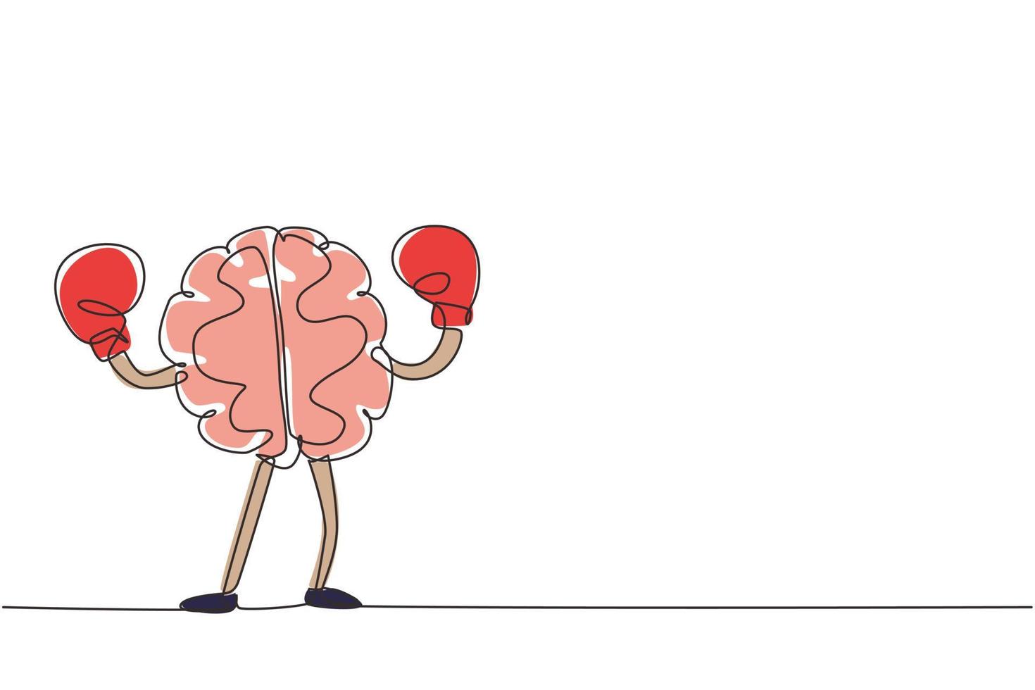 Continuous one line drawing brain with boxing gloves celebrating victory. Concept of proving and defending your position, power mind, memory. Single line draw design vector graphic illustration