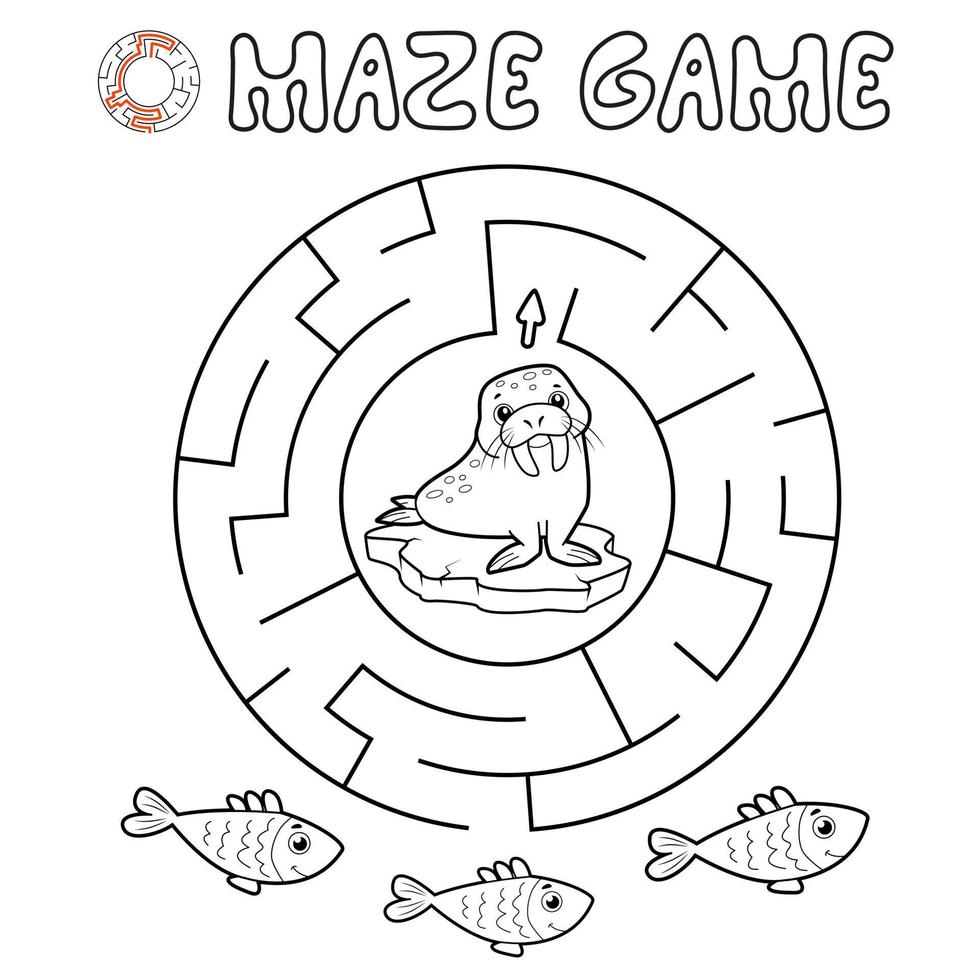 Maze puzzle game for children. Outline circle maze or labyrinth game with walrus. vector